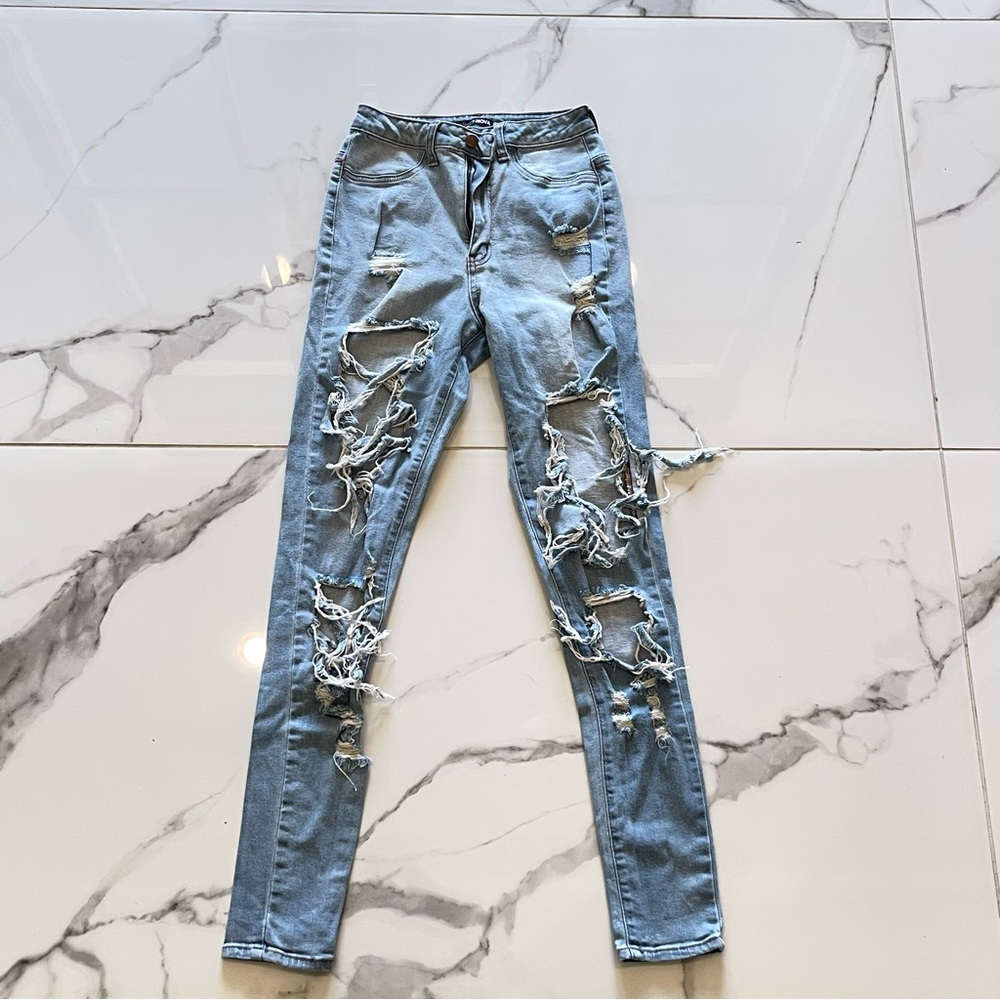 Fashion Nova Blue Skinny Jeans Distressed Modern Fit